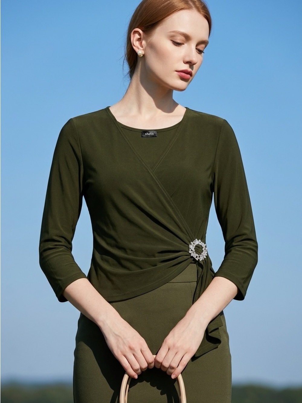 Standard U.S.A. Olive Green Faux Wrap Rhinestone Accent Top Women’s XL